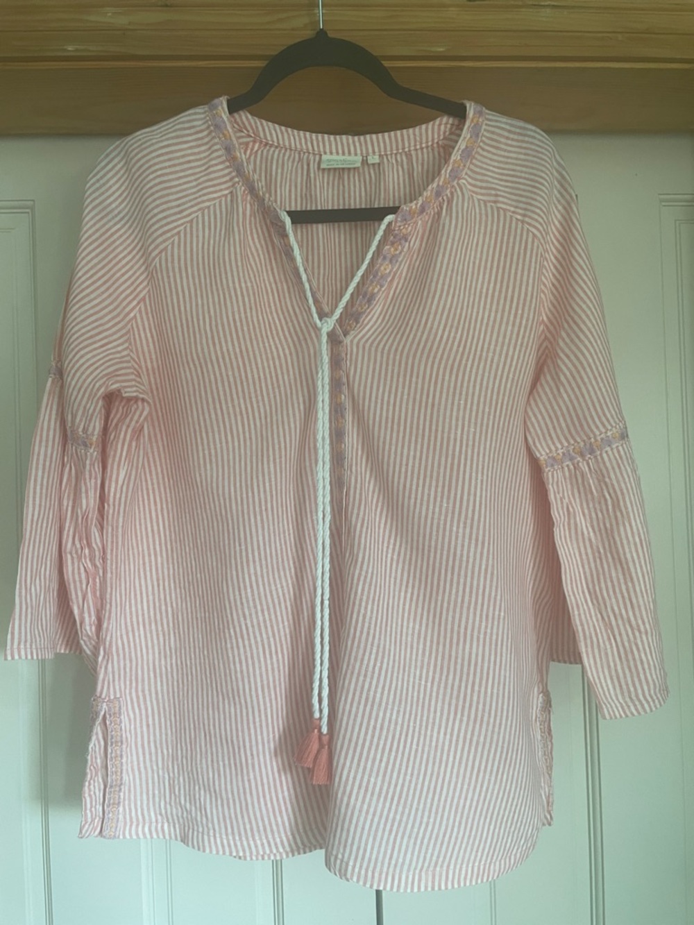 Spartina 449 Pink and White Striped Peasant Tunic with Tassel Tie
